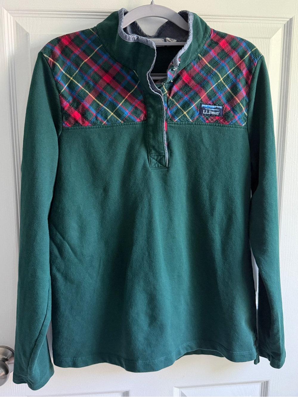 Vintage L.L. Bean Dark Green Zip Fleece with Red Plaid Yoke